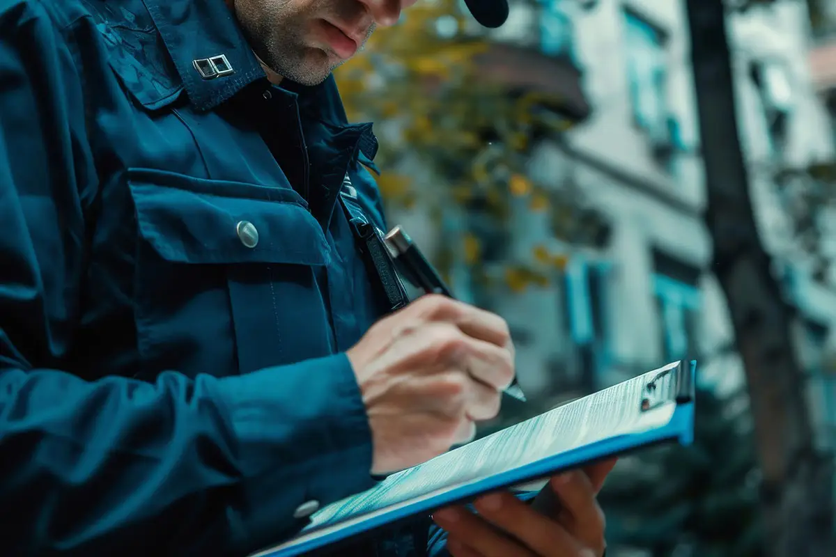 A police officer writing information on a clip board.
