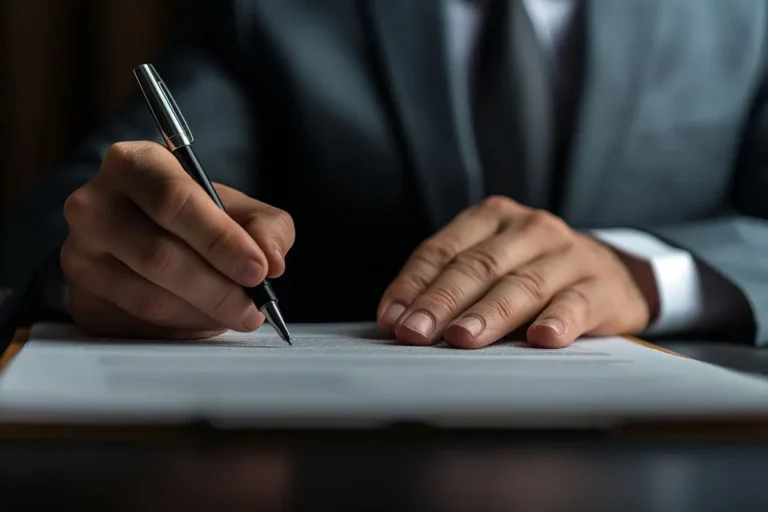 A client wearing a suit signs a legal document with his right hand.